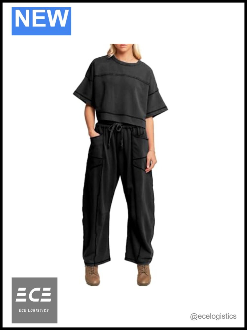 Women's Cotton Blend 2-Piece Sweatsuit Set Cropped Tee Wide Leg Pants Travel